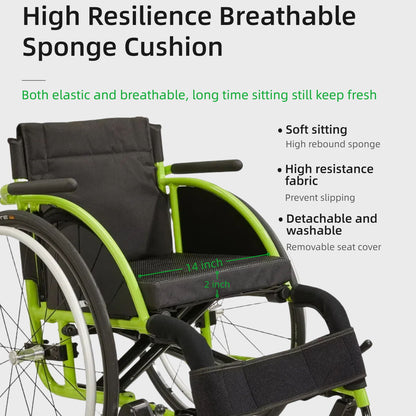 Premium Lightweight Foldable Sport Wheelchair All Body Sturdy & Comfortable 250Lbs Capacity Easy Folding 24" Sports Tires Perfect For Outdoor - Black / Green