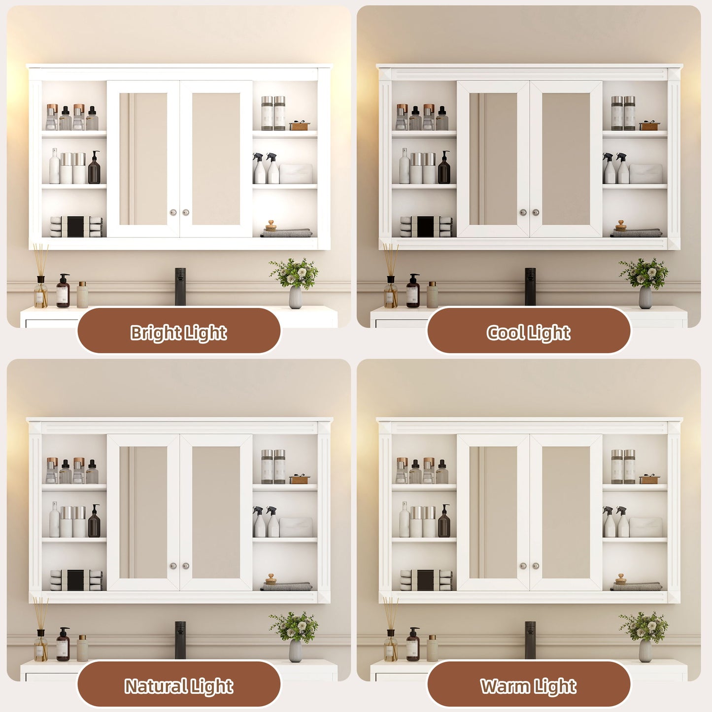 Wall-Mounted Mirror Cabinet With Adjustable Shelf And Open Shelves