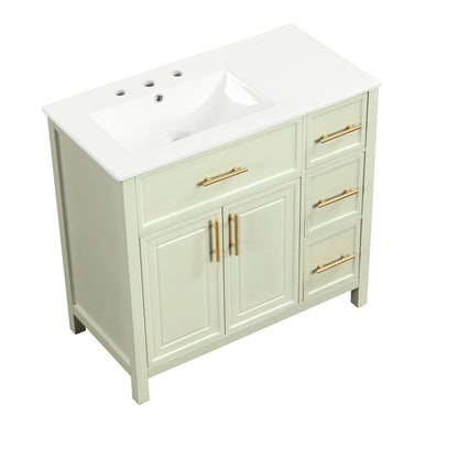36" Bathroom Vanity With Sink, 2 Doors, 3 Drawers, Rectangular - White