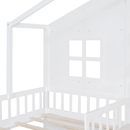 House Bed With Sofa, Kids Platform Bed With 2 Drawers And Storage Shelf