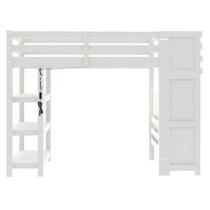 Loft Bed With 4 Layer Shelves, Storage Staircase, Small Wardrobe And LED Light
