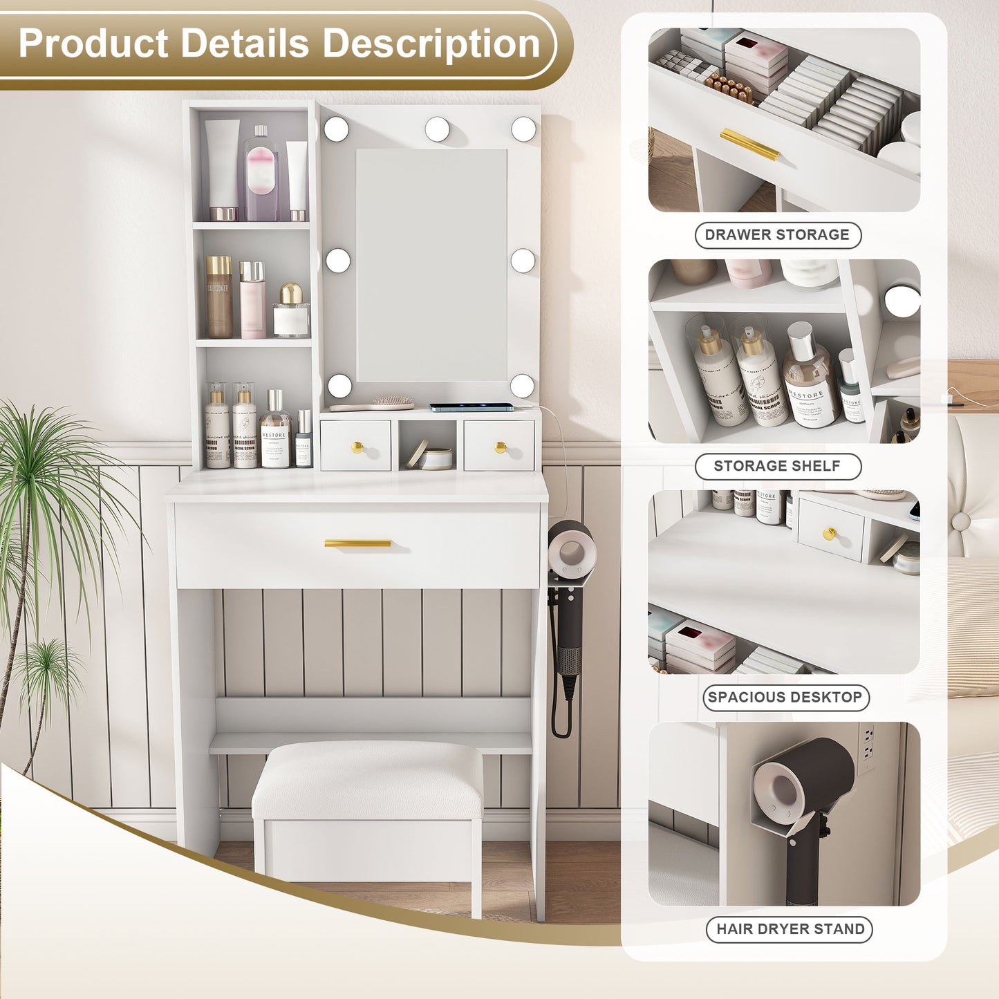Vanity Table With Mirror, Adjustable LED Lights, Power Outlet, Hairdryer Holder & Stool