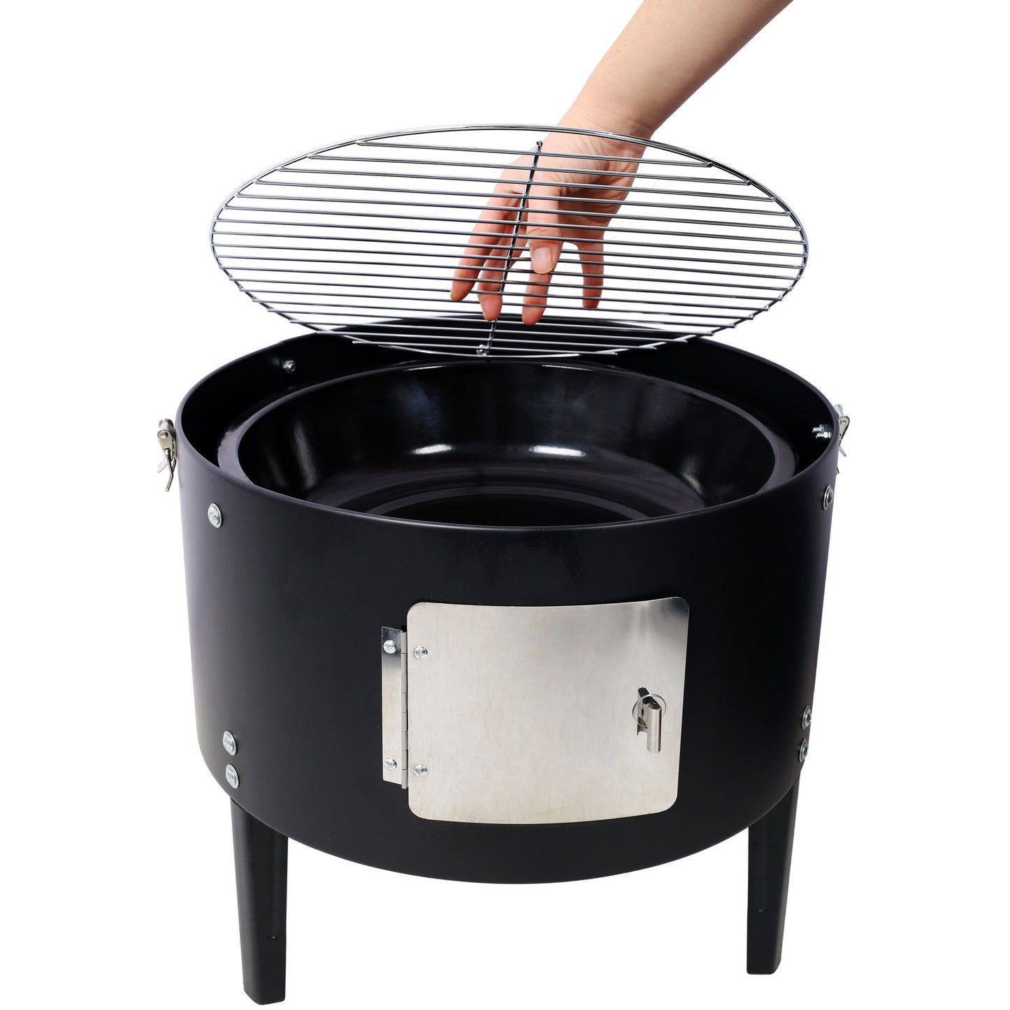 Heavy Duty Round Bbq Grill 17" Steel Charcoal Smoker For Outdoor Cooking - Black