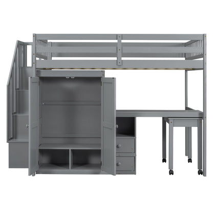 Loft Bed With Stairs, Bookshelf, Drawers, Desk & Wardrobe, Space Saving Multifunctional Furniture