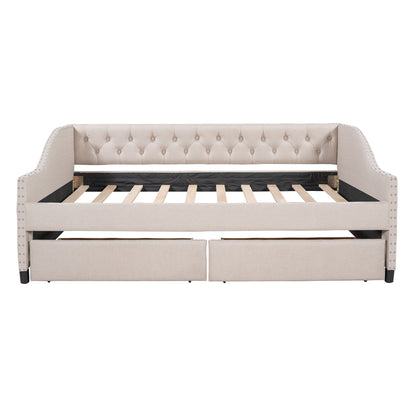 Upholstered Daybed With Two Drawers, Wood Slat Support