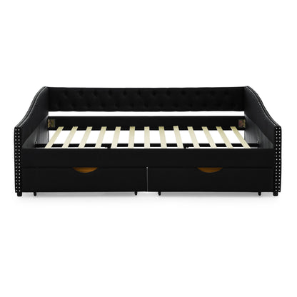 Upholstered Tufted Daybed With 2 Drawers, Waved Arms