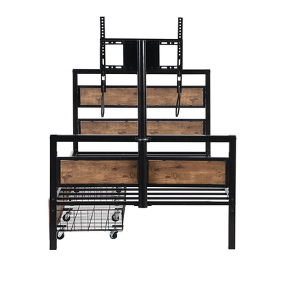 Twin Size Platform Bed With Headboard And Footboard, 2 Storage Drawers And Rotatable TV Stand - Black