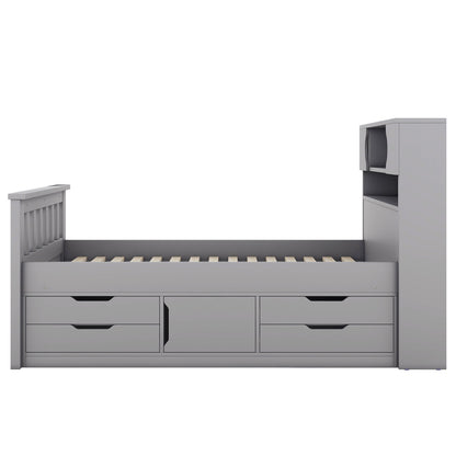 Captain Platform Bed Frame With Storage Bookcases, Shelves, And 4 Drawers