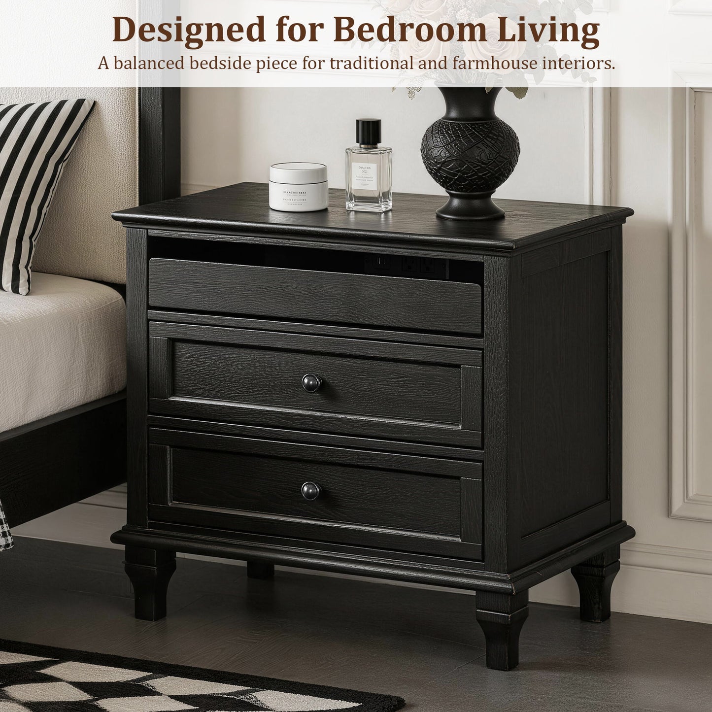 Nightstand With Charging Station, 3 Drawer Storage Table