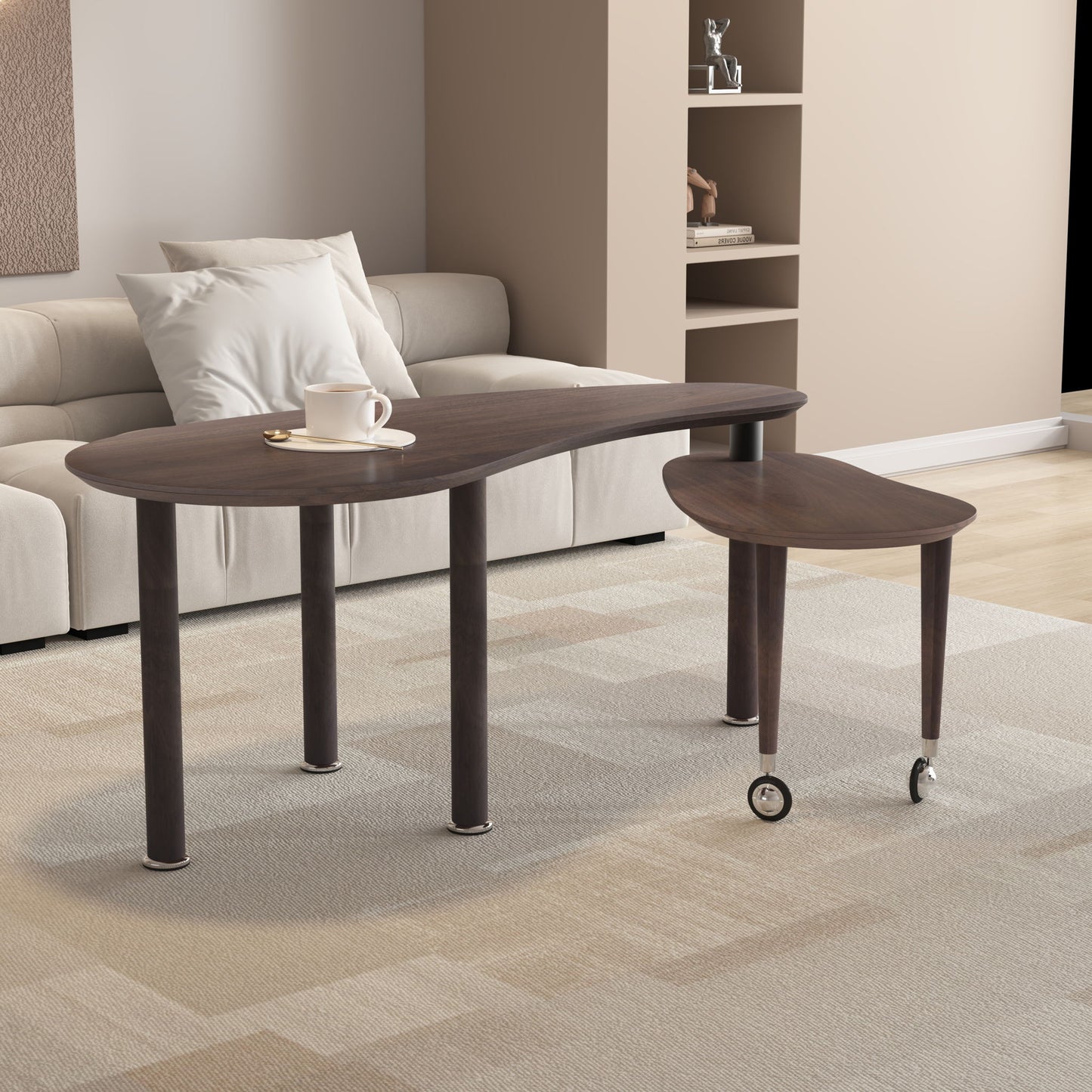 Rotatable Coffee Table With Solid Legs, 360 Degree Swivel, Waterproof - Walnut