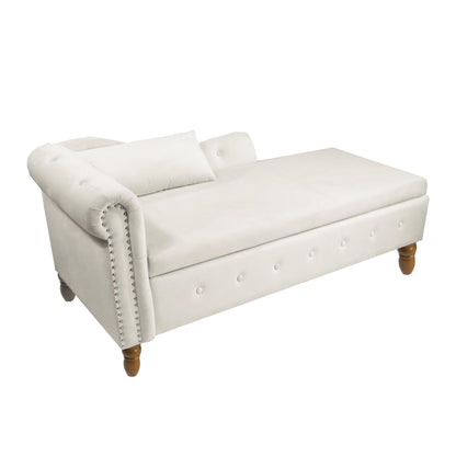 Chaise Lounge Indoor, Lounge Chair For Bedroom With Storage & Pillow, Modern Upholstered Rolled Arm Chase Lounge For Sleeping With Nailhead Trim For Living Room Bedroom Office