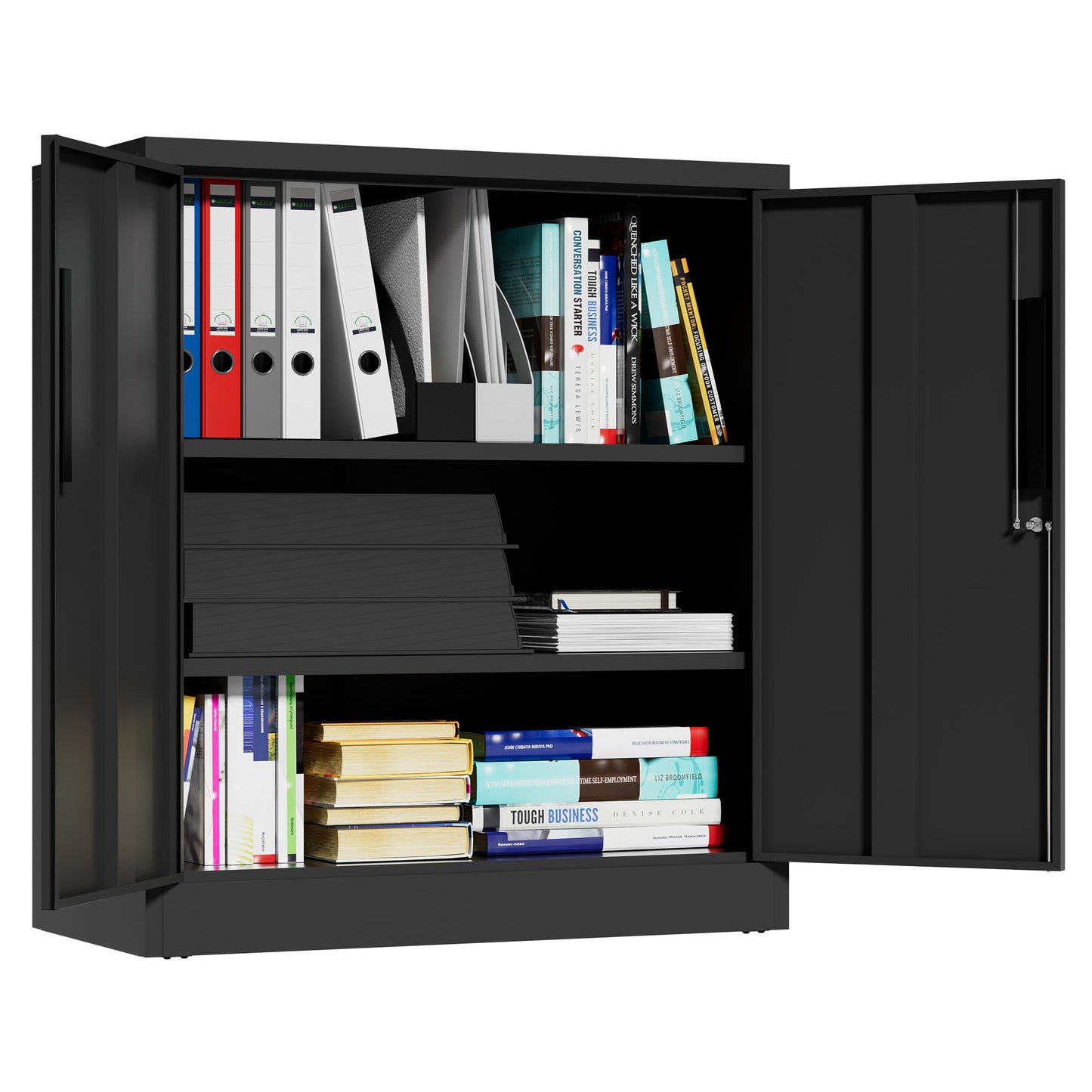 Heavy Duty Storage Cabinet With Lock, 2 Door File Cabinet With 2 Adjustable Shelves - Black
