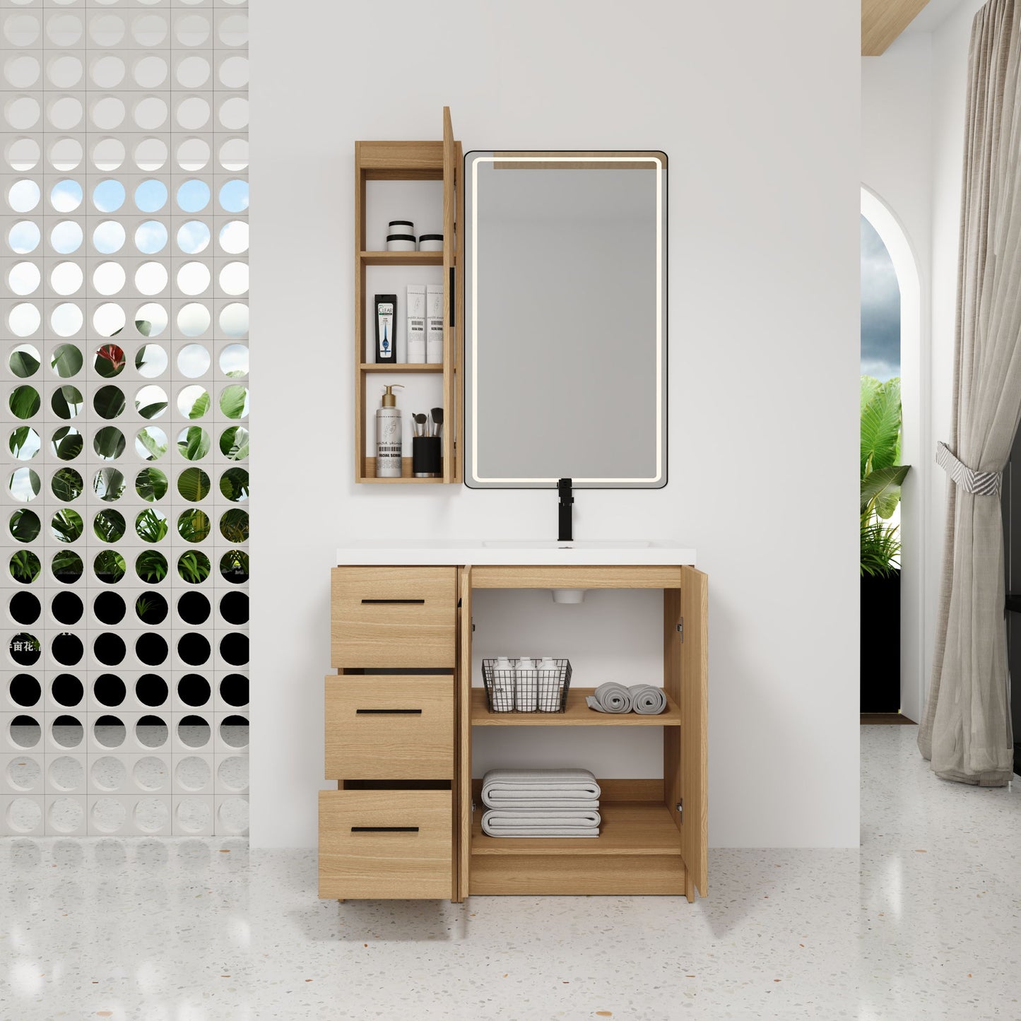 Freestanding Bathroom Vanity Set With Tall Linen Cabinet, 3 Drawers And Large Storage, Single Sink