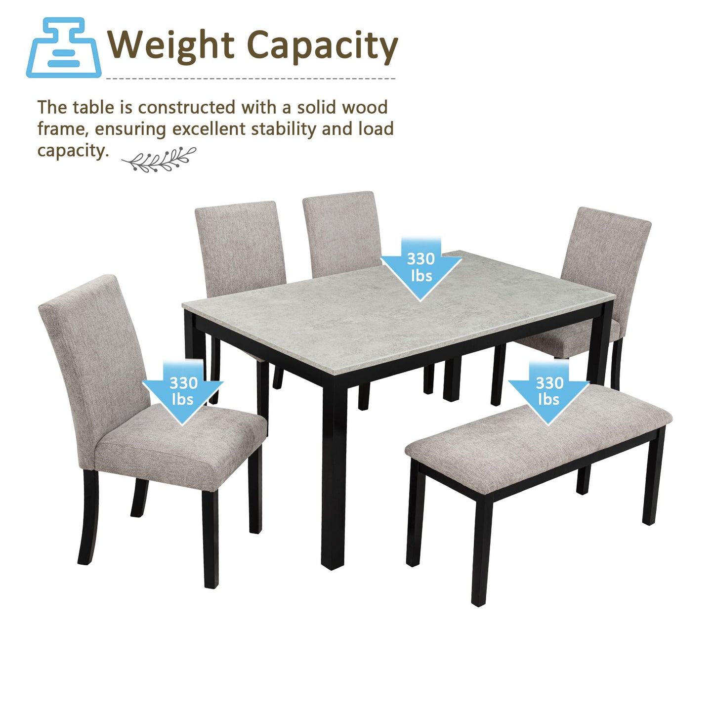 6 Piece Dining Table Set With Bench And Chairs