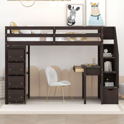 Loft Bed With Storage Drawers, Desk And Stairs With Shelves