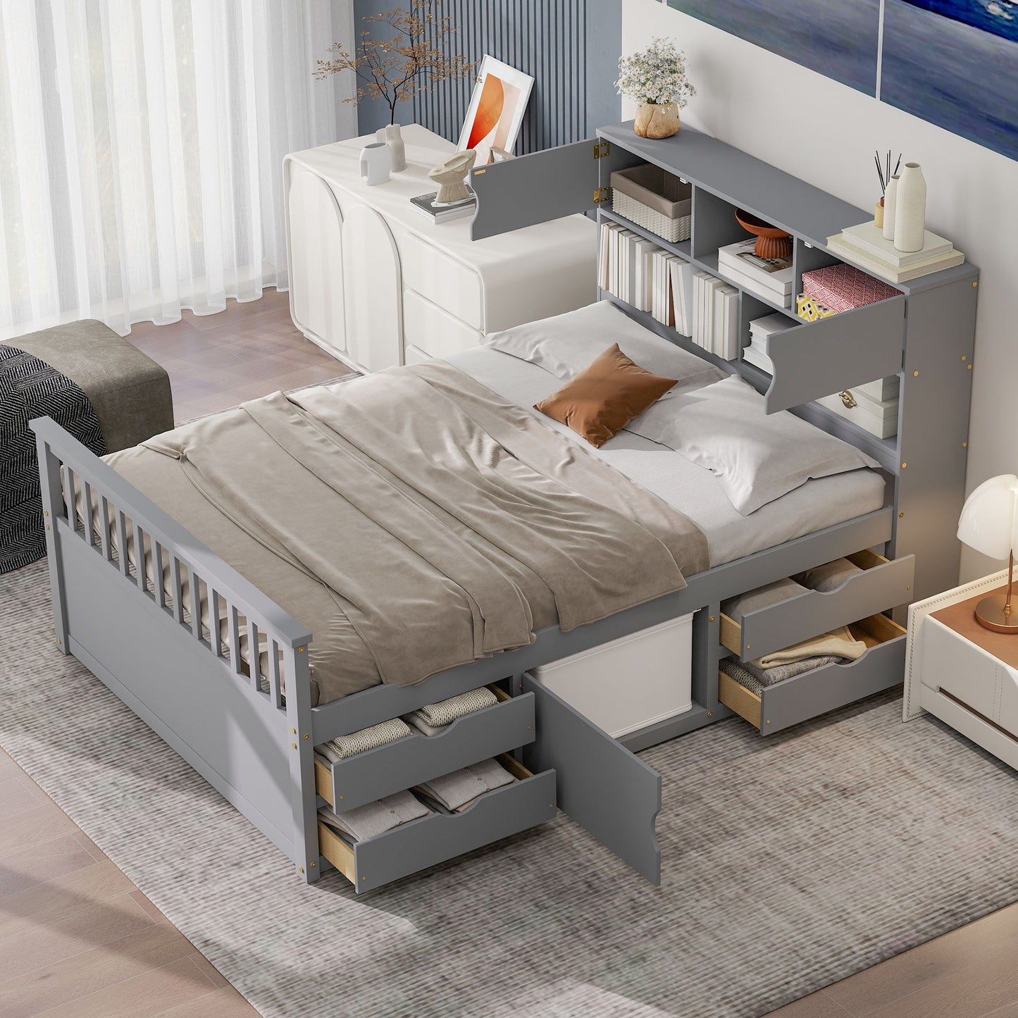 Captain Platform Bed Frame With Bookcase Headboard, 4 Drawers, Storage Shelves