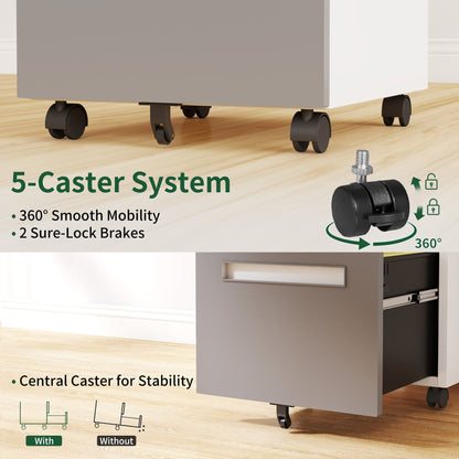 2-Drawer Mobile File Cabinet With Lock,On 360° Wheels, Holds A4/Letter/Legal Files - White