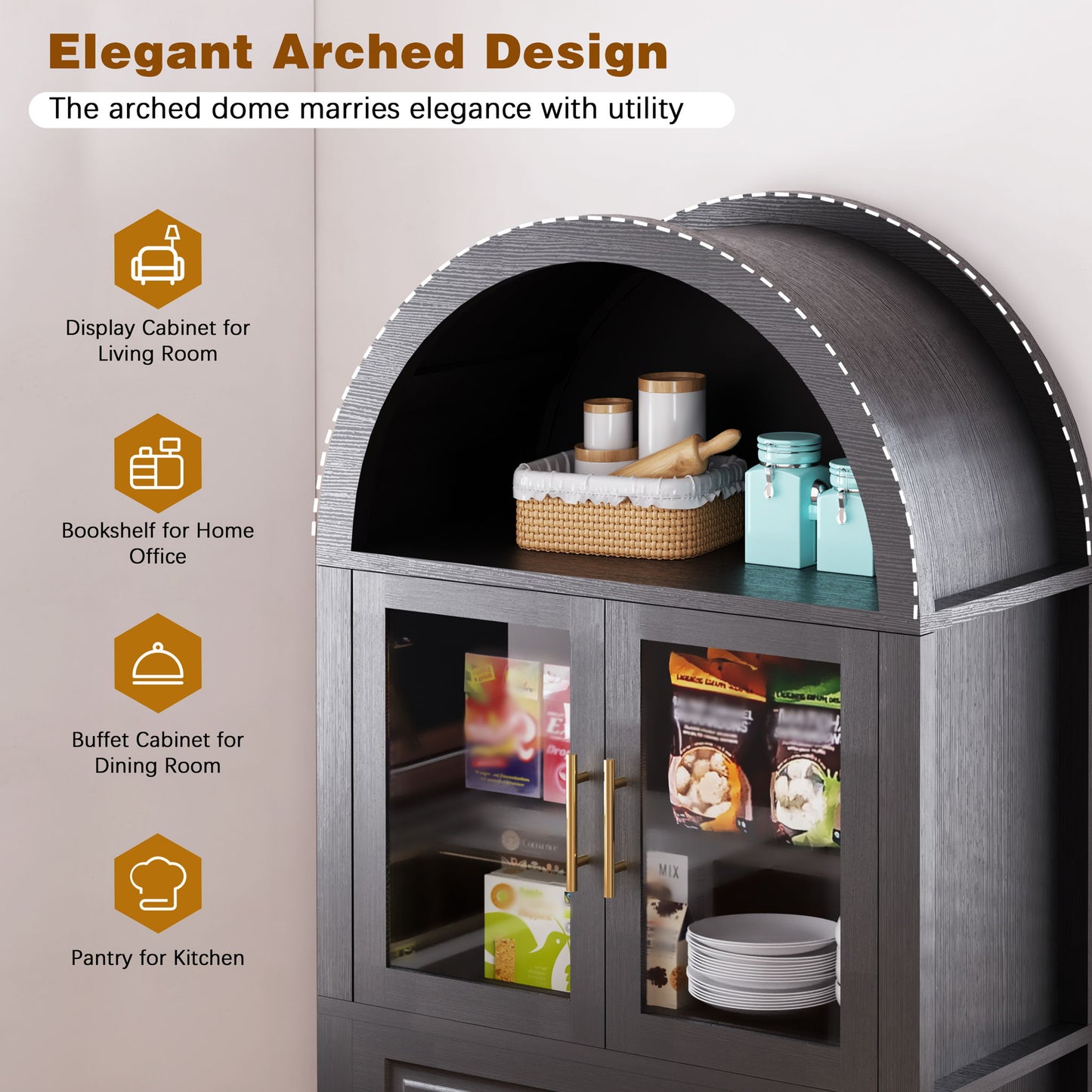 Arched Kitchen Pantry Cabinet With Adjustable Shelves And Barn Door Design