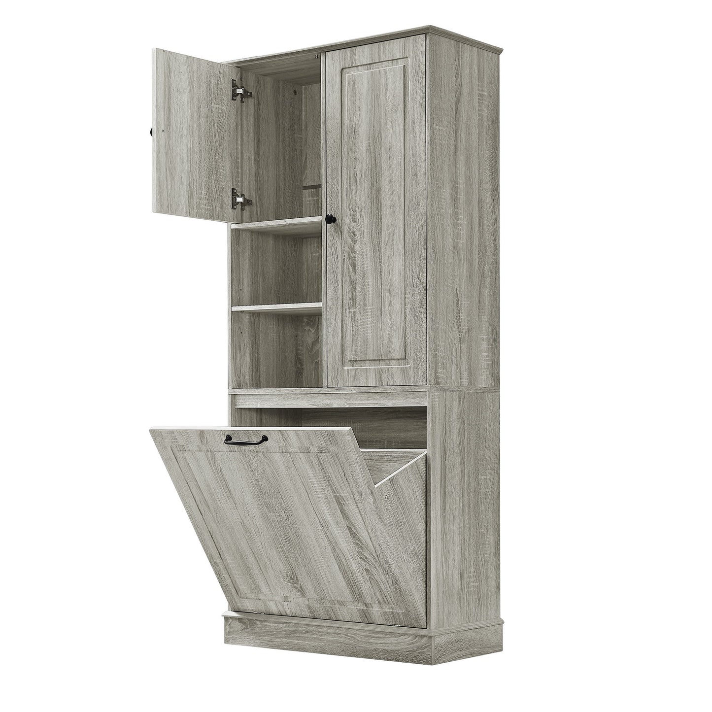Modern Tall Storage Cabinet With Adjustable Shelves, Flip-Out Basket & Enclosed Doors