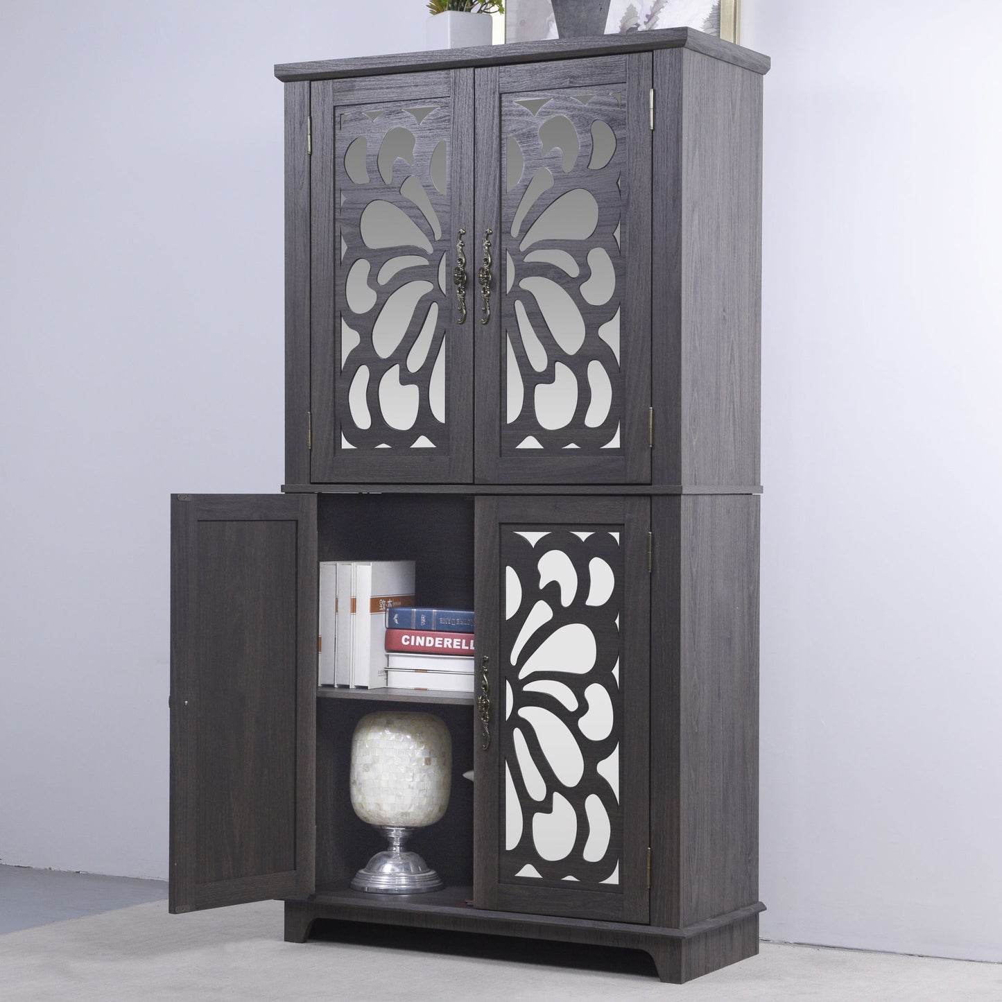 Modern Sideboard Buffet With 4 Mirrored Doors, Adjustable Shelves