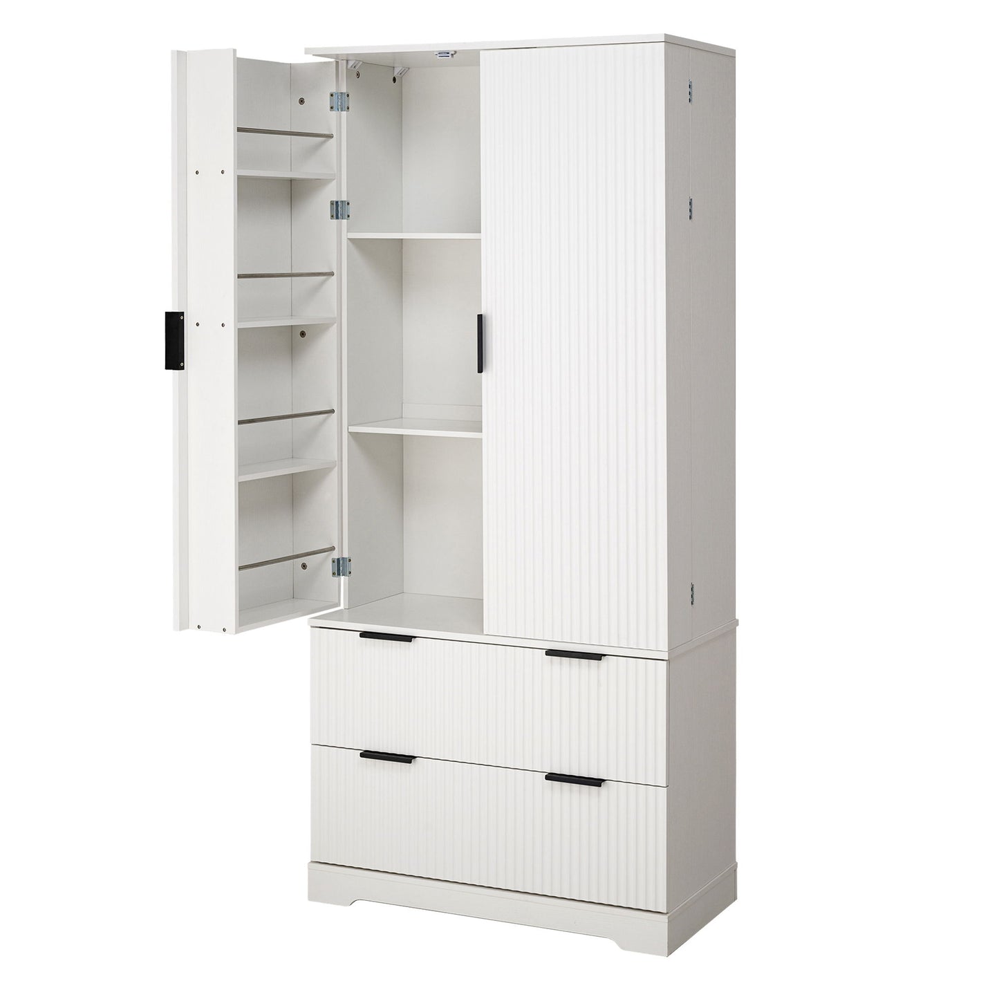 Fluted Kitchen Pantry Cabinet With 2 Large Drawers & 8 Door Spice Rack