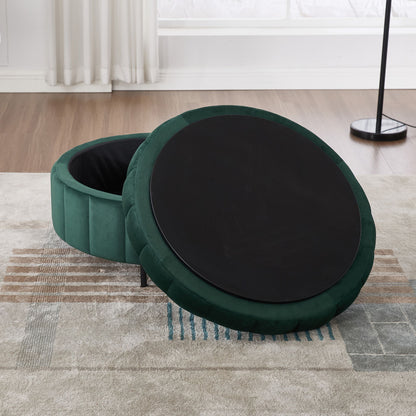 Upholstered Round Ottoman With Reversible Lid, Channel Tufted Pumpkin Shape