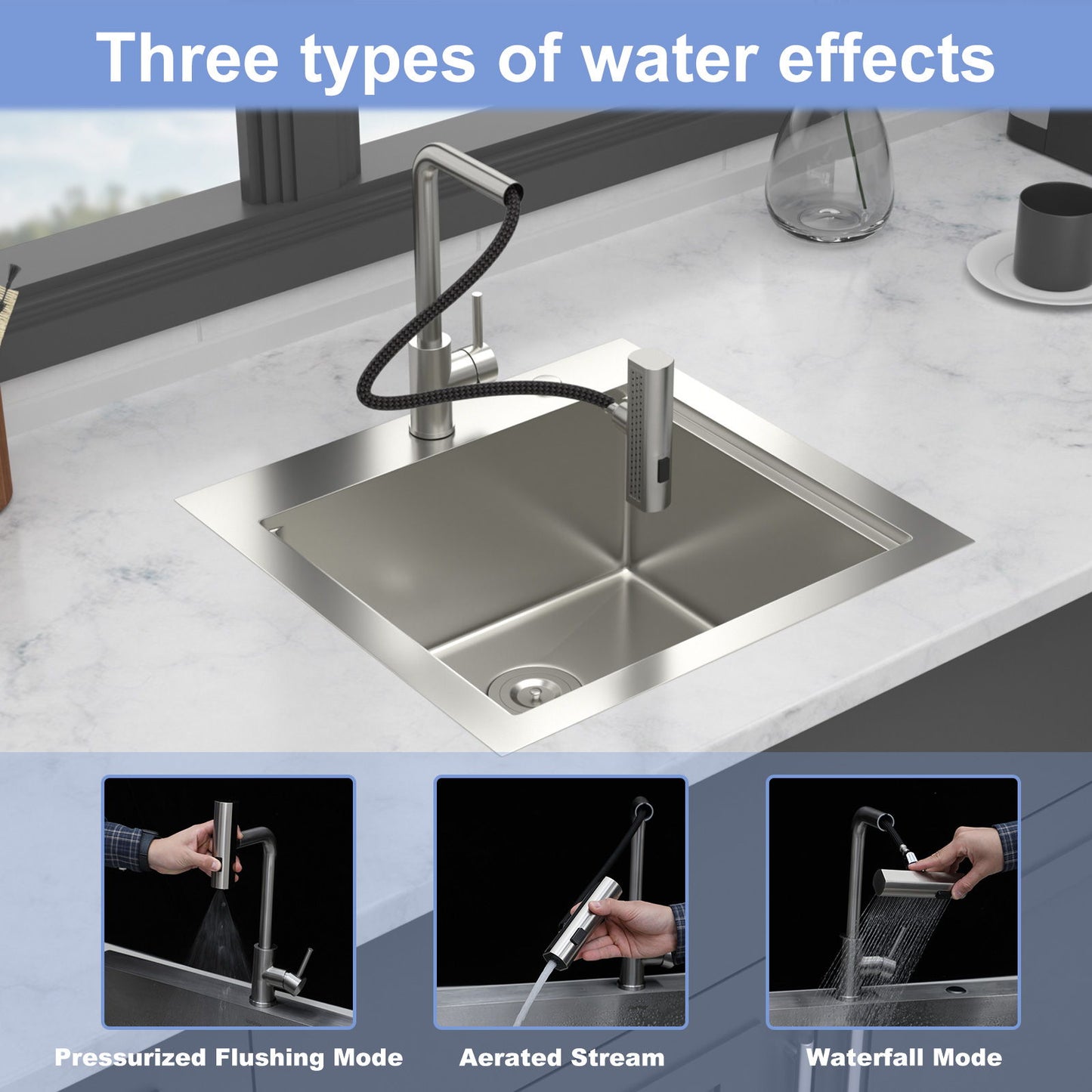21" Drop In Kitchen Sink With Pull Out Faucet And Sink Cover, 16 Gauge - Brushed Nickel