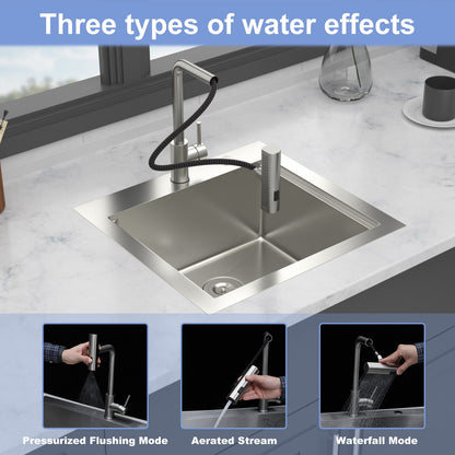 21" Drop In Kitchen Sink With Pull Out Faucet And Sink Cover, 16 Gauge - Brushed Nickel