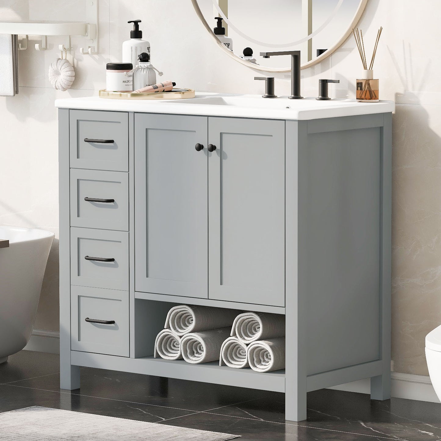 Bathroom Vanity With Sink Top, Bathroom Vanity Cabinet With 2 Doors And 2 Drawers, Open Shelf
