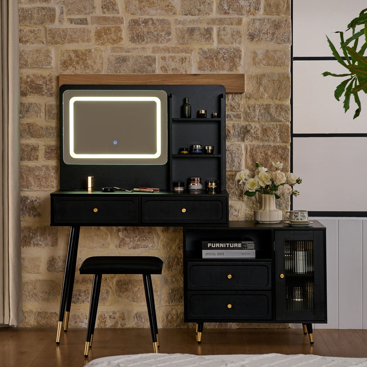 Modern Makeup Vanity Desk With Mirror And Lights Retractable Design Engineered Wood - Black