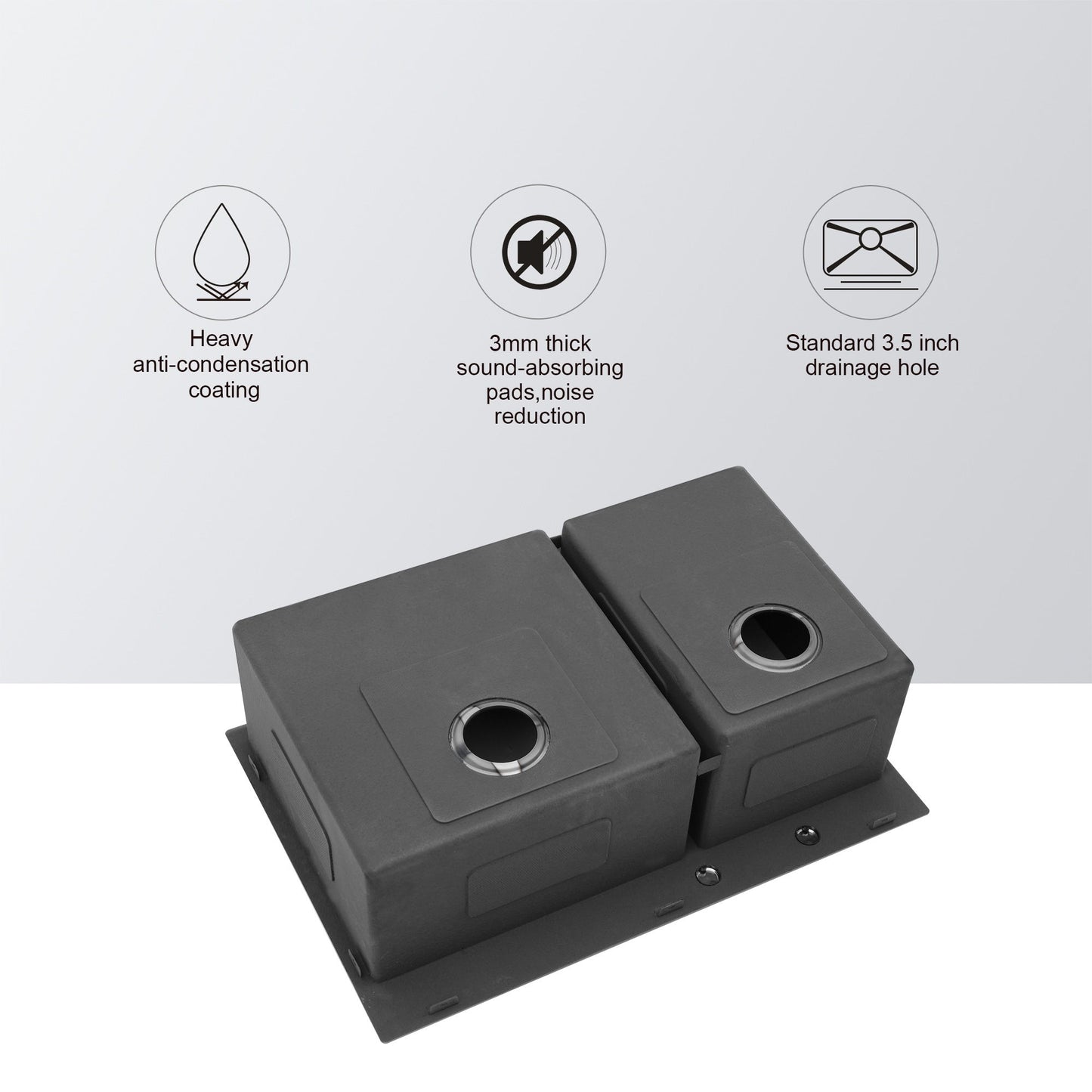 Double Bowl Kitchen Sink 16 Gauge 33" X 22" With 2 10" Deep Basins - Gunmetal Black