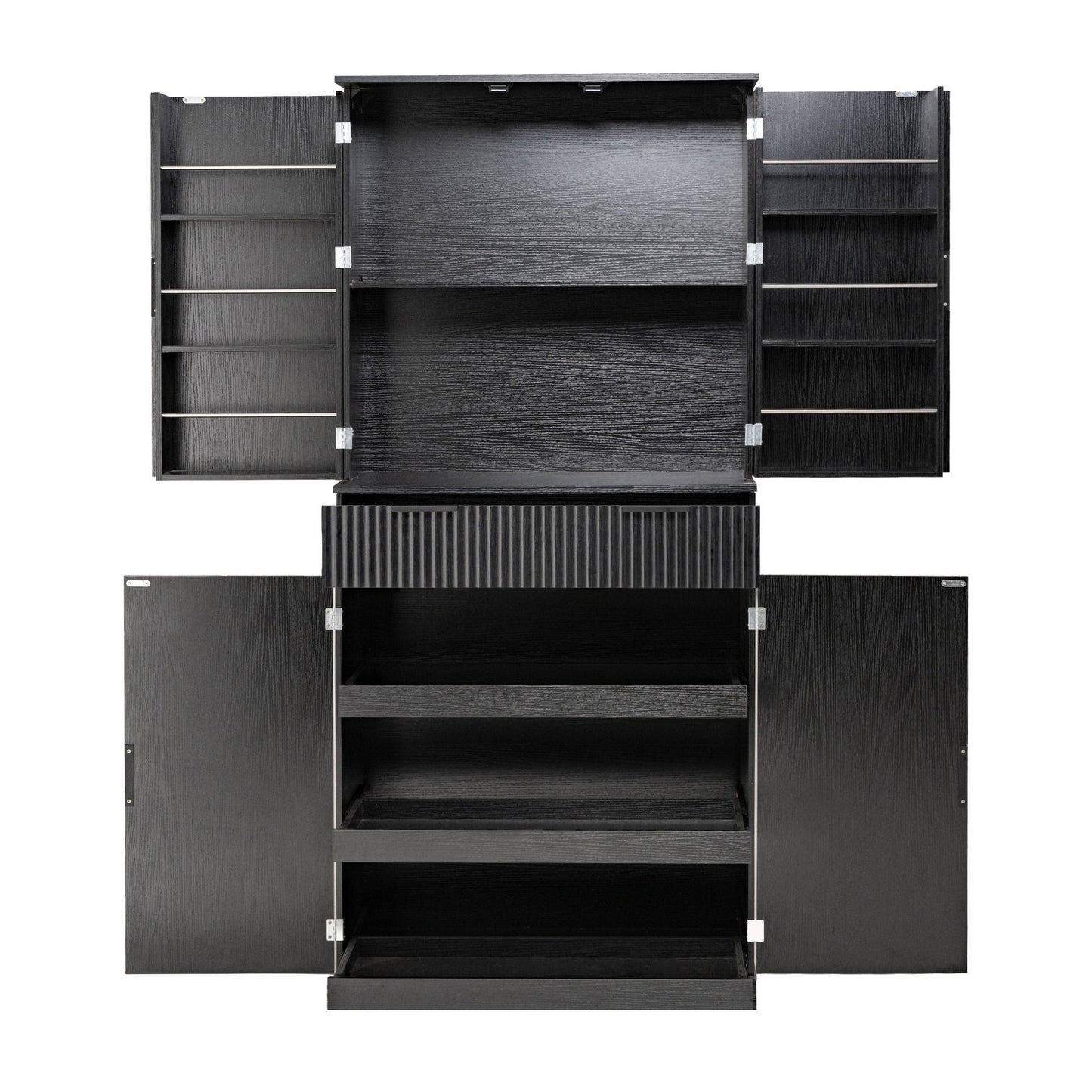Fluted Kitchen Pantry Cabinet With 3 Keyboard Drawers & 6 Adjustable Door Shelves