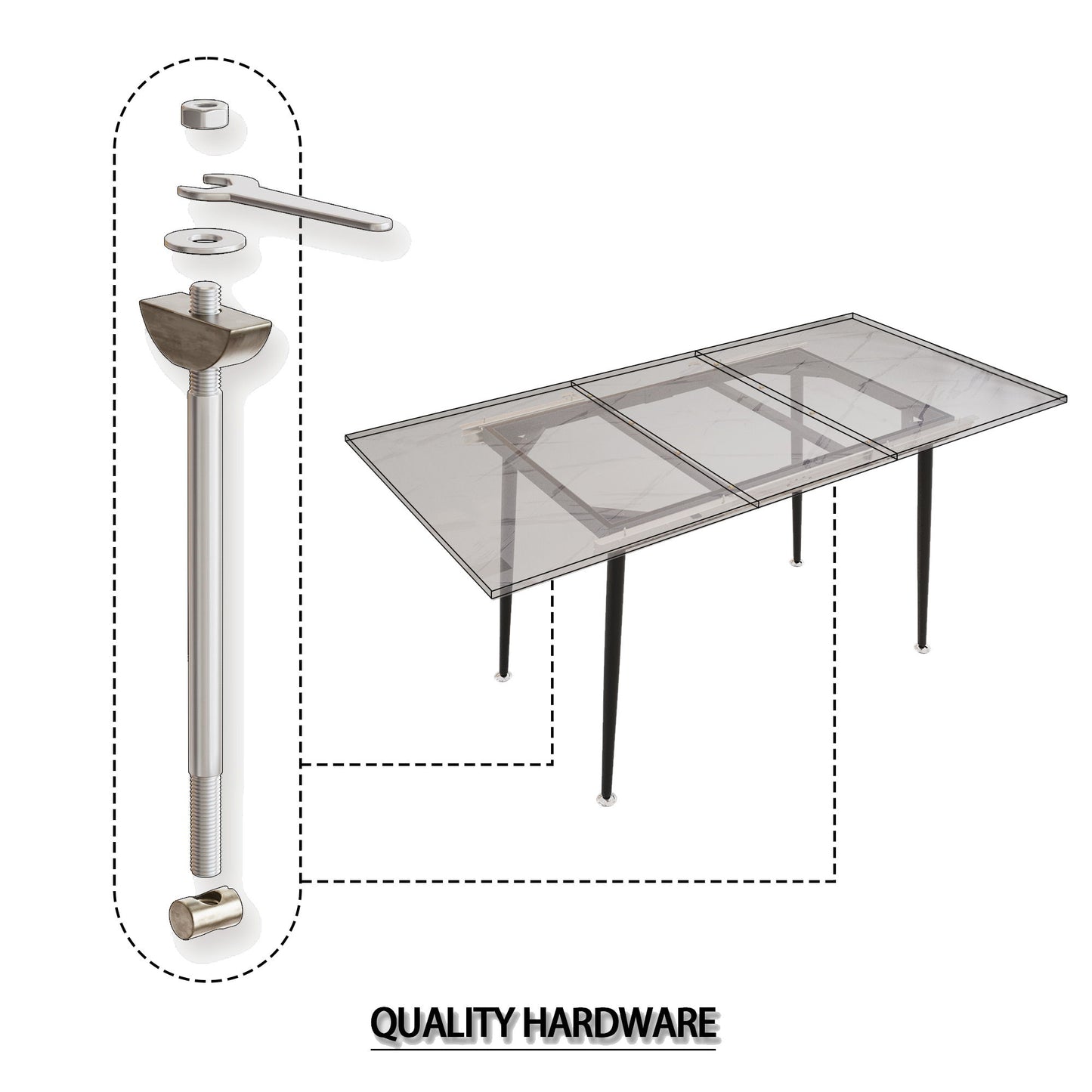 Modern Industrial Expandable Dining Table 47" To With Marble Pattern Top And Metal Legs - White