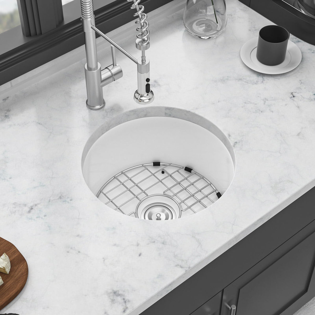 Ceramic Circular Kitchen Sink With Drain Assembly And Bottom Grid, 18" Dual Mount - White