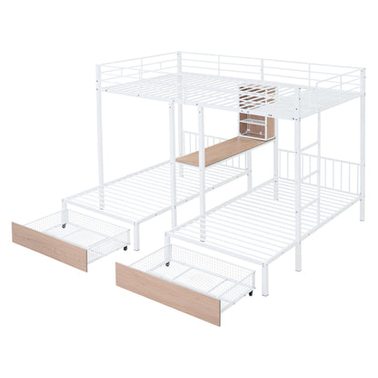 Triple Bunk Bed With Drawers, Multi-Functional Frame With Desks And Shelves In The Middle