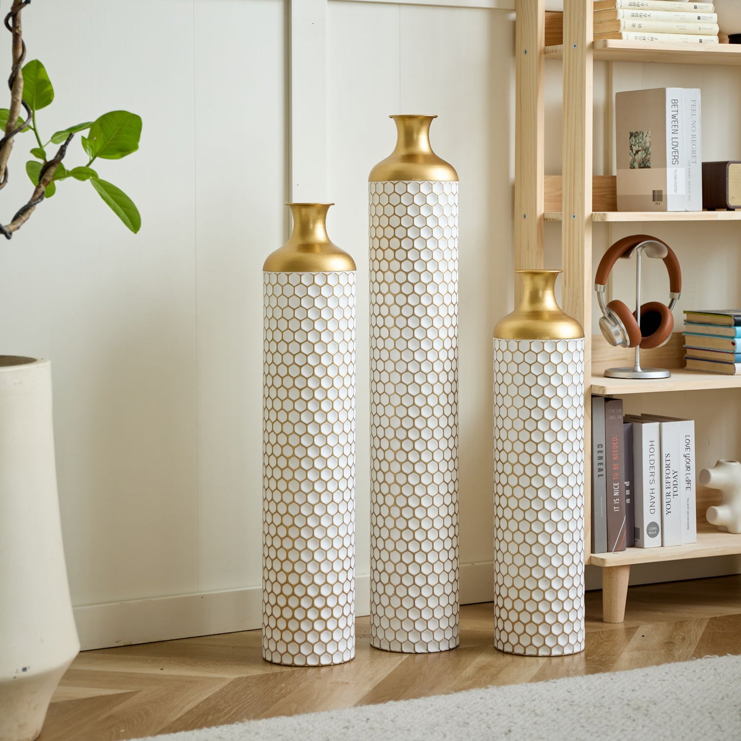 3 Piece Set Gorgeous Home Decoration Large Glazed Floor Vase Decoration Home Droplet Shaped - Gold / White