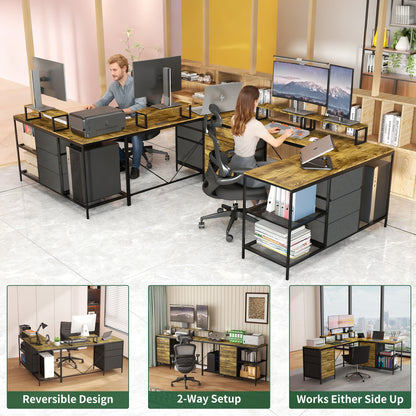 Industrial L Shaped Computer Desk With Power Outlets & USB-C, 6 Fabric Drawers, 3 Open Shelves, Movable Monitor Stands - Brown