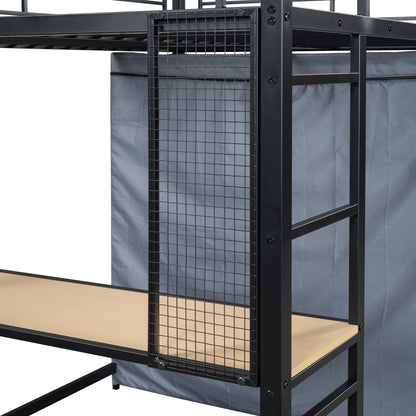Loft Bed With Desk, Shelves, Power Outlet, LED Light And Wardrobe