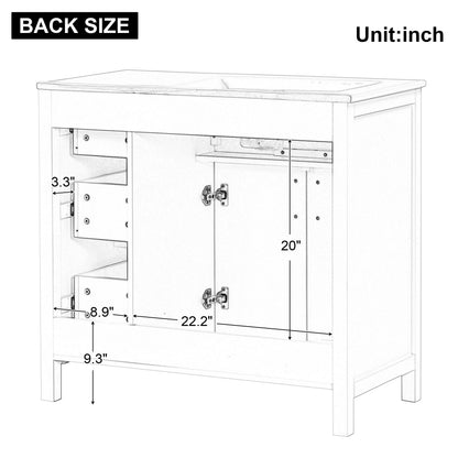 36" Bathroom Vanity With Sink, 2 Doors, 3 Drawers, Rectangular - White