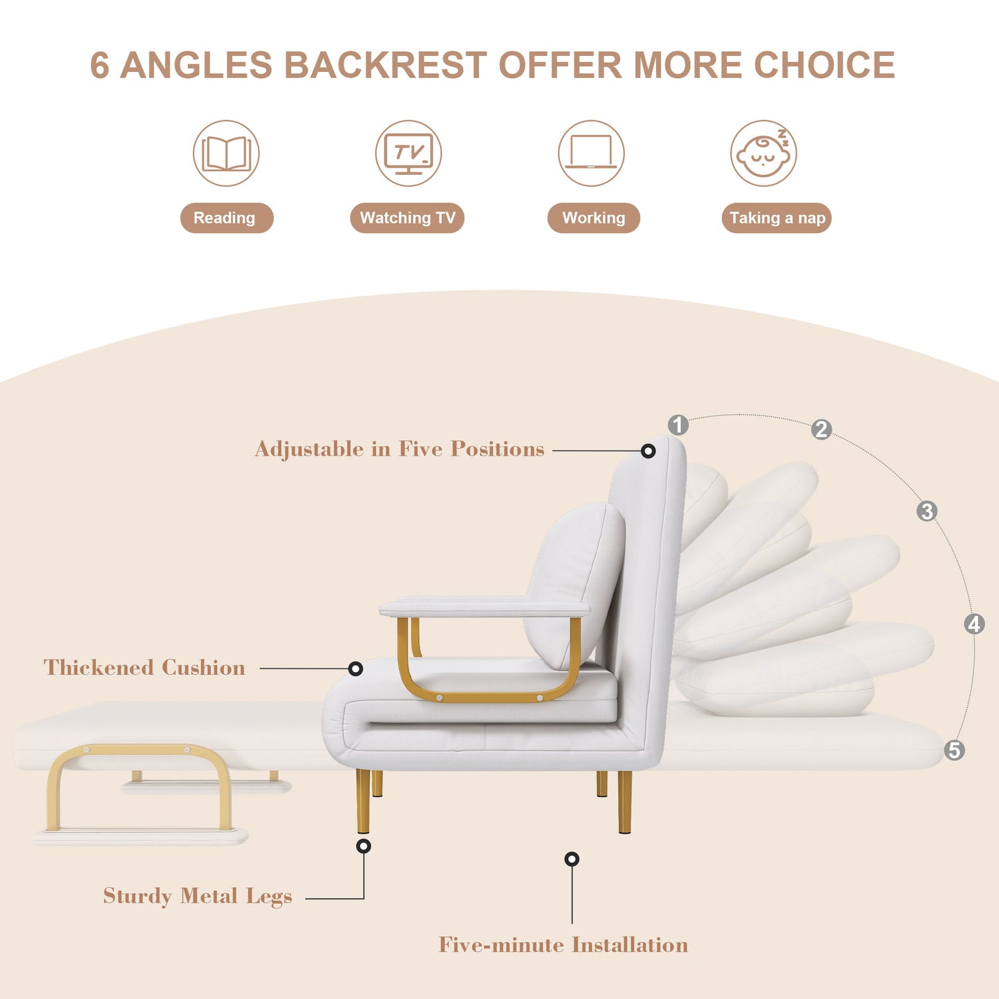 3 In 1 Convertible Folding Sofa Bed With Adjustable Backrest And Pillow