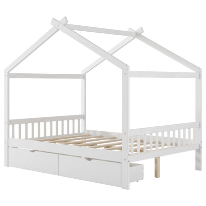 House Style Platform Bed With Headboard, Footboard, 2 Drawers, And Roof Design