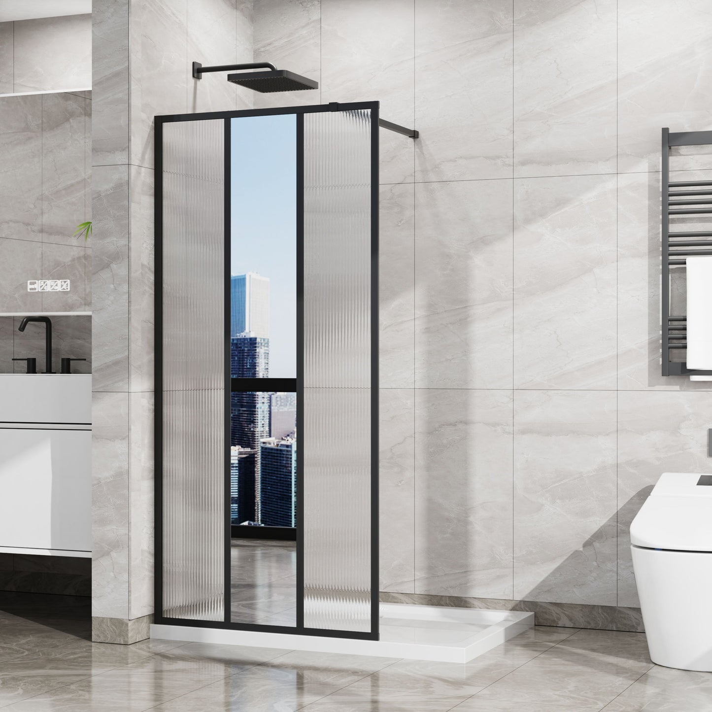 Shower Door With Center Mirror And Fluted Panels