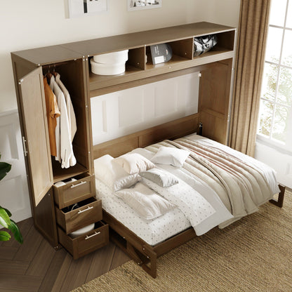 Full Size Murphy Bed With Wardrobe, Drawers, And Open Shelves - Wood