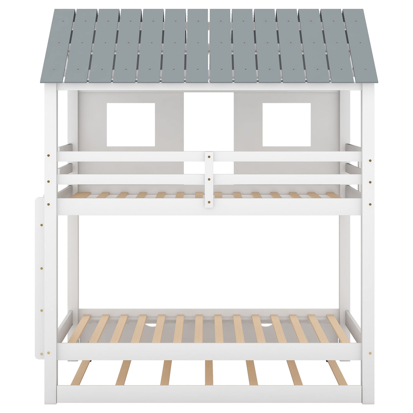Twin Size House Bunk Bed With Trundle, Roof And Windows - White / Gray