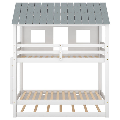 Twin Size House Bunk Bed With Trundle, Roof And Windows - White / Gray