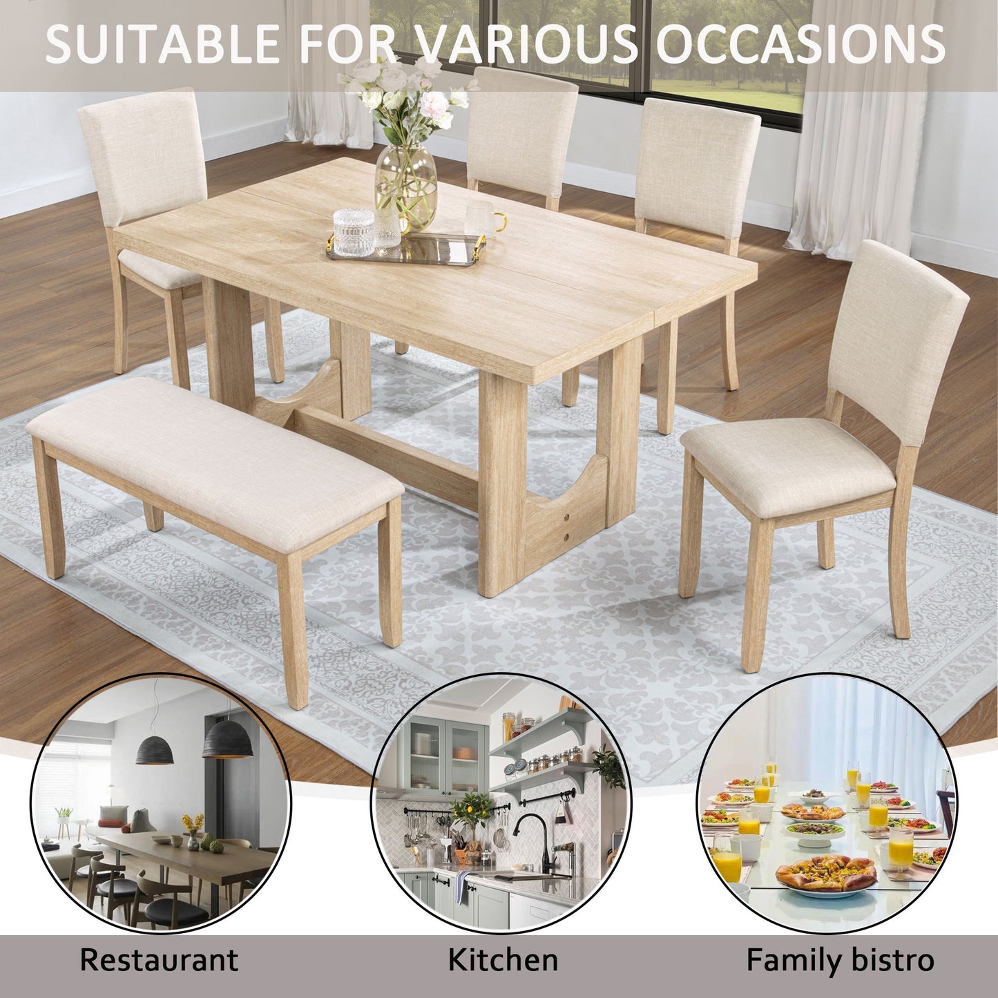 6 Piece Rectangular Kitchen Table Set With Bench And 4 Upholstered Chairs For Kitchen - Light Oak