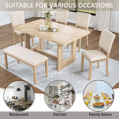 6 Piece Rectangular Kitchen Table Set With Bench And 4 Upholstered Chairs For Kitchen - Light Oak