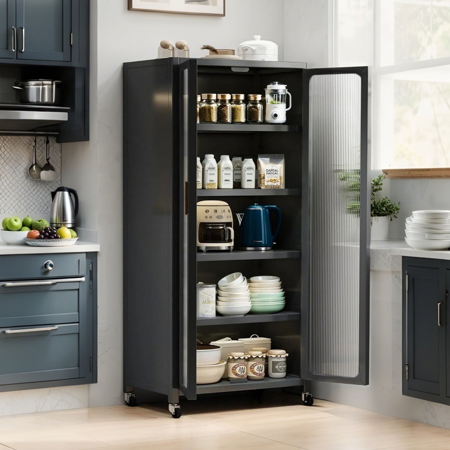 6 Tier Storage Cabinet With Transparent Door, Adjustable Shelves & Wheels