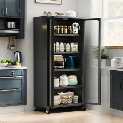 6 Tier Storage Cabinet With Transparent Door, Adjustable Shelves & Wheels
