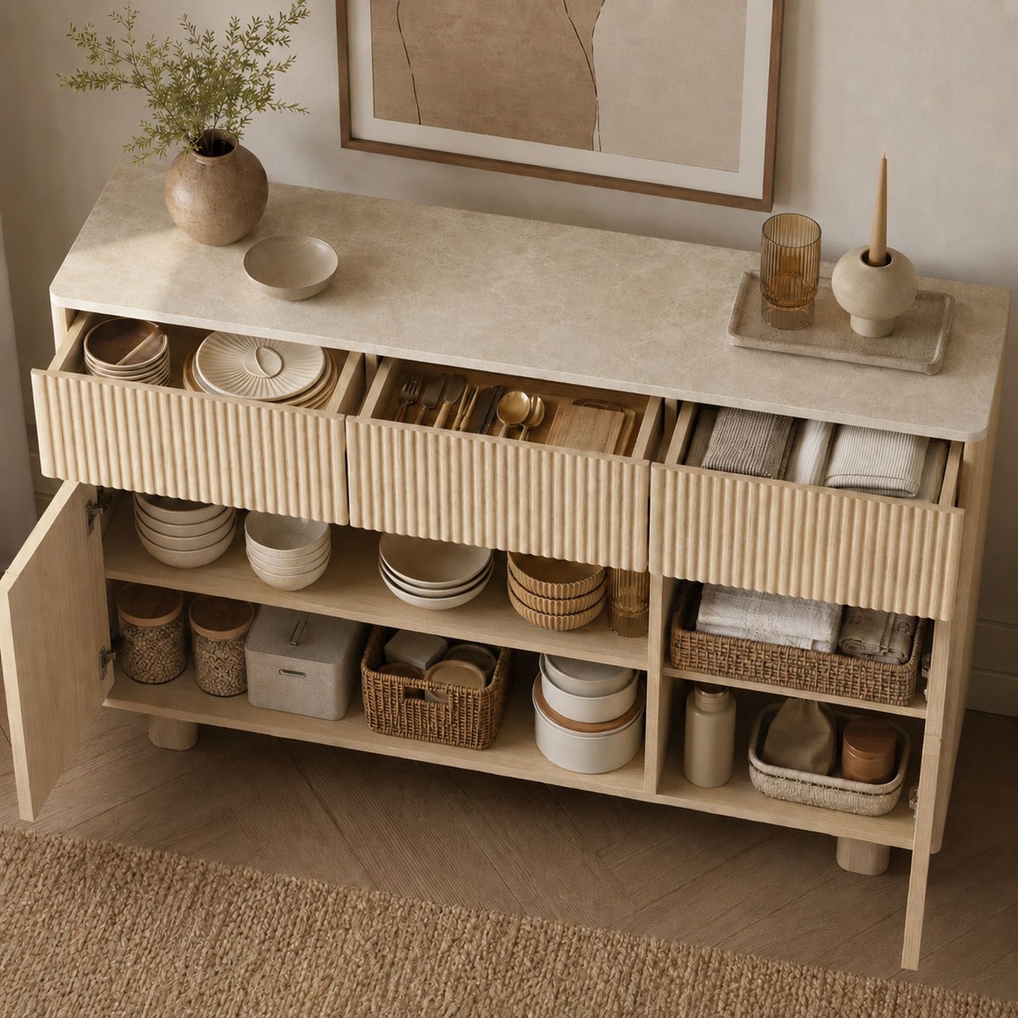 Curved Credenza, Wide Storage Cabinet For Dining Room